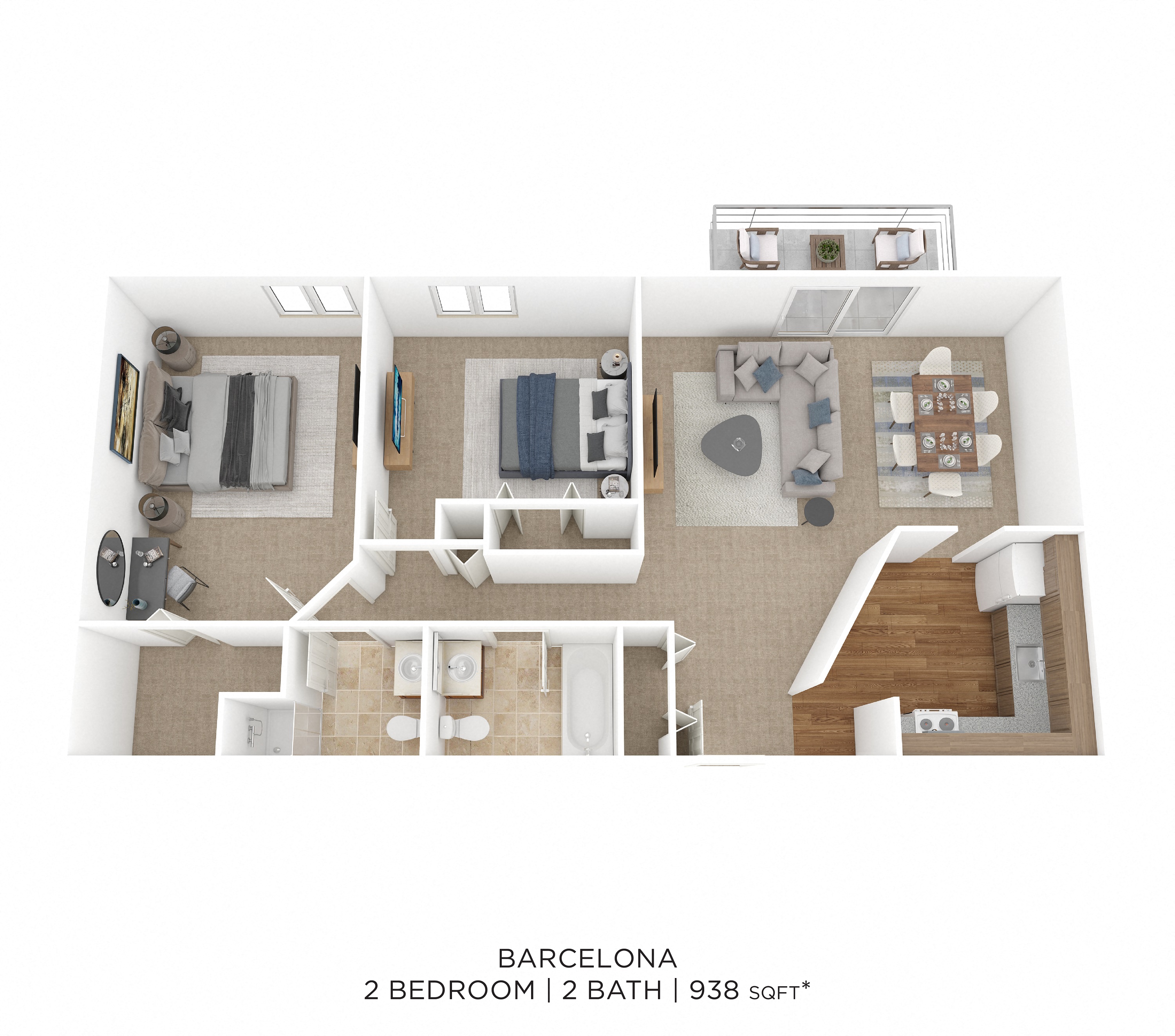Floor plan for 2 beds, 2 baths, 938 sqft